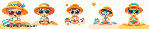 vector of a little boy relaxing on the beach enjoying the summer