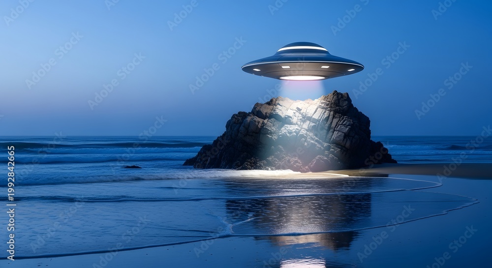Fototapeta premium UFO Hovering Over Rocky Shore at Twilight