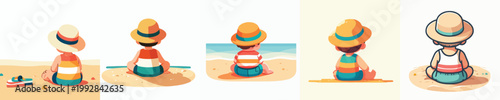 vector of a little boy relaxing on the beach enjoying the summer back view