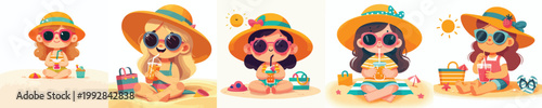 vector of a little girl relaxing on the beach enjoying the summer
