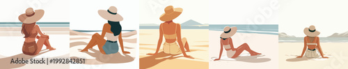 vector of a woman relaxing on the beach enjoying the summer back view