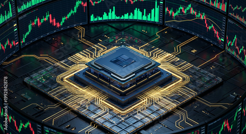 High performance CPU processor chip on motherboard with digital stock market trading charts background.