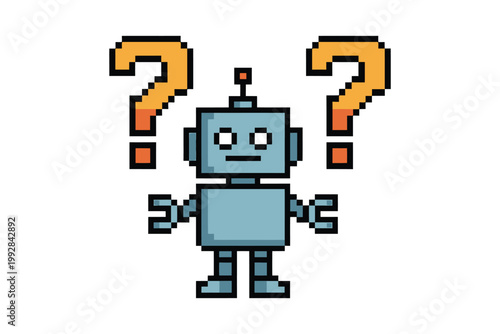 Pixel art robot with orange question marks above shoulders confusion doubt uncertainty robotic character digital retro game design.