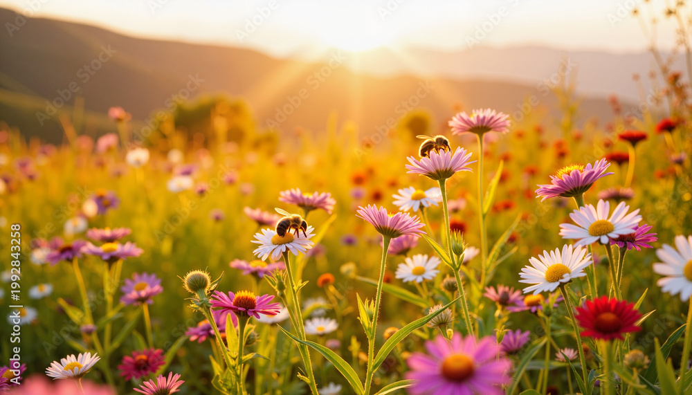 Obraz premium Bee pollinating vibrant flowers at sunset, nature's harmony