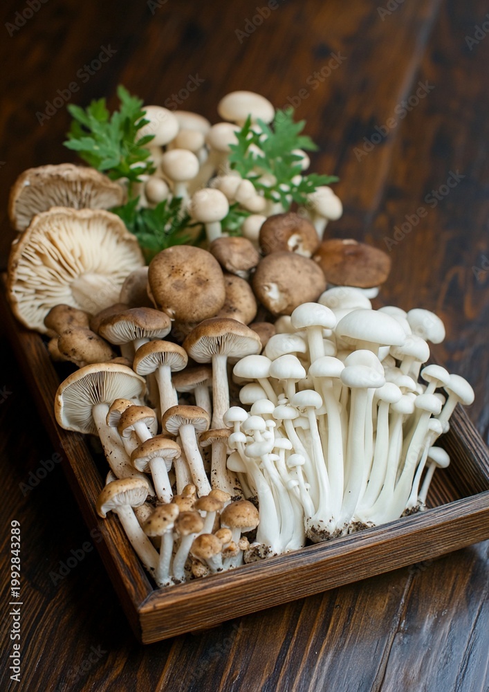 Fototapeta premium Mushrooms, parsley, Assorted fresh mushrooms and parsley arranged on a wooden tray for culinary use in cooking and food photography, kitchen, food preparation, rustic, culinary, fresh, natural