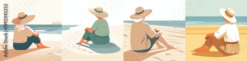 vector of a grandma relaxing on the beach enjoying the summer back view
