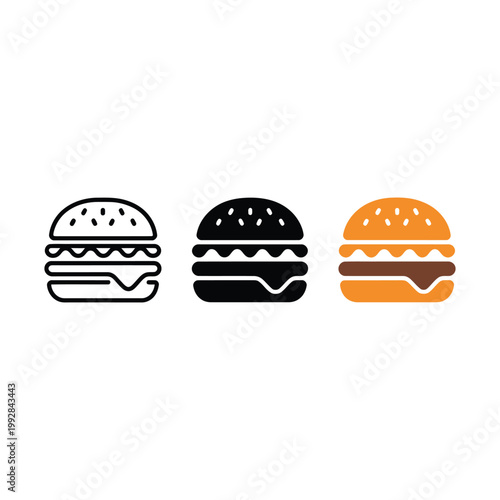Hamburger icon set in outline solid and colorful styles representing fast food cheeseburger isolated on transparent background.
