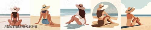 vector of a woman relaxing on the beach enjoying the summer back view