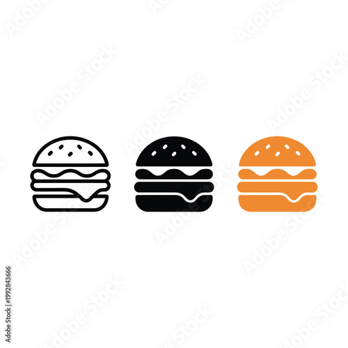 Burger icons collection with various styles including outline and solid versions for web design and restaurant menu applications.