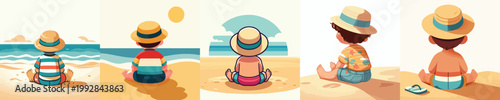 vector of a little boy relaxing on the beach enjoying the summer back view