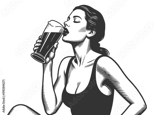 smiling woman holding a glass of beer, expressing refreshment, enjoyment, and carefree lifestyle vibes sketch engraving generative ai vector illustration. Scratch board imitation. Black and white.