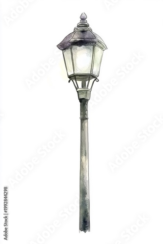Vintage lamp post illustration in watercolor style for urban decor and branding, nostalgic, advertising, branding, decorative, vertical, black, white, metal