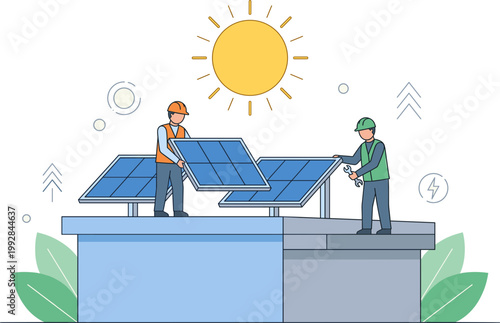 Two workers installing solar panels on a rooftop under the sun