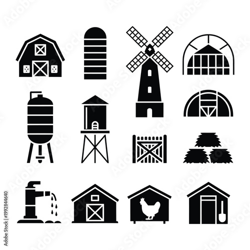Farm building icons set barn silo windmill greenhouse water tank water tower fence haystack pump house chicken coop barn.