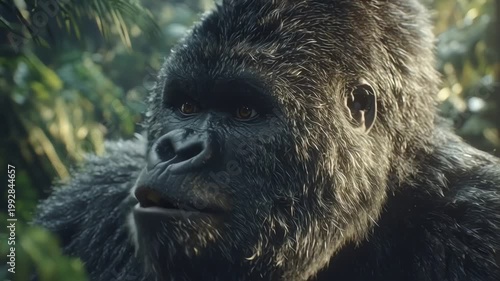 Portrait of a Gorilla Holding a Banana in a Lush Jungle