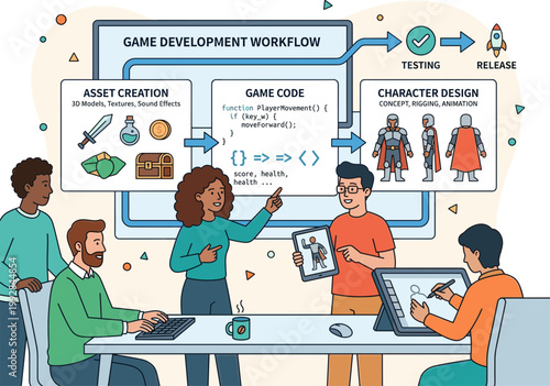 People collaborating on game development workflow with laptops