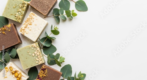 Artisan Soap and Eucalyptus Elegance: An arrangement of handcrafted artisan soaps nestles amidst fresh eucalyptus, epitomizing natural purity and a spa-like aesthetic.