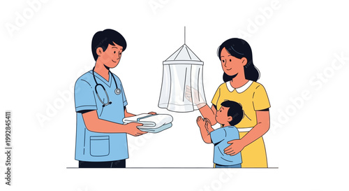 Vector illustration of a doctor offering mosquito nets to a mother holding her child, depicted in a health poster style against a clean white background with a focus on malaria awareness