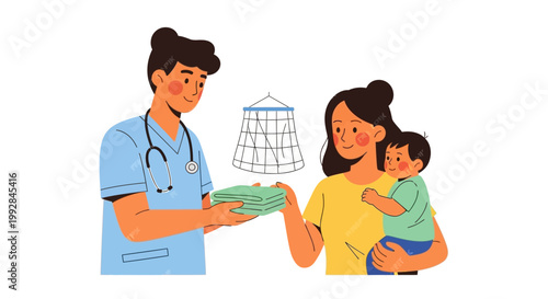 Illustrated scene showing a doctor handing mosquito nets to a mother holding her baby against a clean white background, promoting malaria awareness and prevention with a hopeful, supportive
