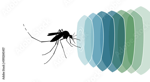 Graphical vector illustration of a mosquito biting through layered blue and green circles, set against a clean white background, designed in a minimalist style to promote health awareness