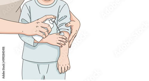 Illustration showing a parent spraying mosquito repellent on a child's arm for malaria prevention, depicted in a simple, flat style with clean lines and a focus on health awareness