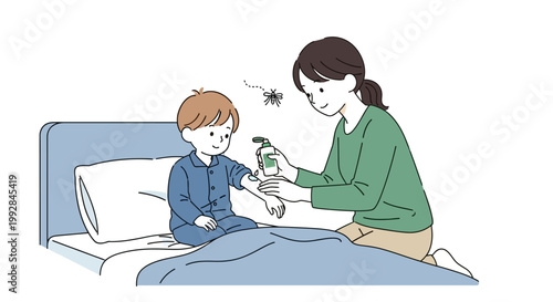 A mother applies mosquito repellent to her child's arm as they sit on a bed against a white background in an illustration conveying a sense of care and protection against malaria