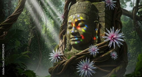 Ancient Stone Head in a Lush Forest: A weathered stone head of a deity, adorned with delicate flowers, stands serenely within a verdant forest, illuminated by rays of sunlight.