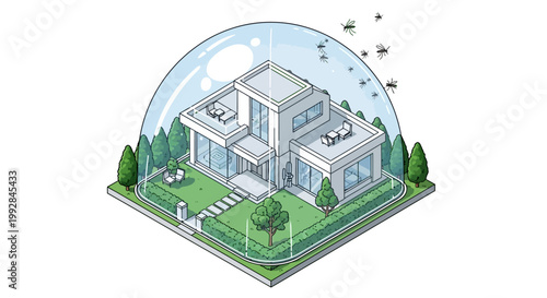 Isometric illustration shows a modern house protected under a clear dome from mosquitoes, symbolizing malaria prevention, with clean lines and a bright, hopeful mood against a white