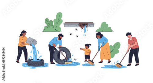 A diverse group of people is depicted cleaning up stagnant water and potential mosquito breeding grounds in a community effort, shown in a bright, flat illustration against a clean white