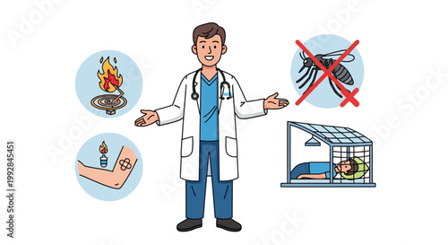 A friendly doctor gestures towards mosquito prevention methods, including mosquito nets, avoiding mosquito bites, and burning mosquito coils, set against a clean white backdrop