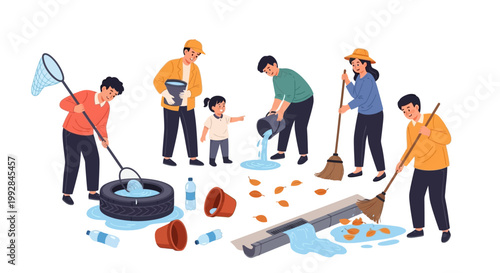 Illustrated cleanup scene depicts a diverse group of people removing trash and debris from a flooded area using nets, buckets, brooms, and other tools, with bright, flat colors
