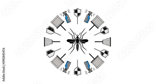 A central mosquito illustration is surrounded by symbols of protection, including nets, sprays, and shields, arranged in a radial composition against a stark white background