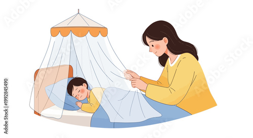 Illustrated scene of a mother carefully tucking a sleeping child into a bed protected by a mosquito net, set against a white background with soft lighting and conveying a sense of care