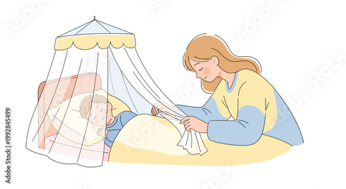 A loving mother gently arranges a mosquito net over her sleeping child in a cozy bed, with a light, airy feel against a clean white background, promoting health and safety from malaria's