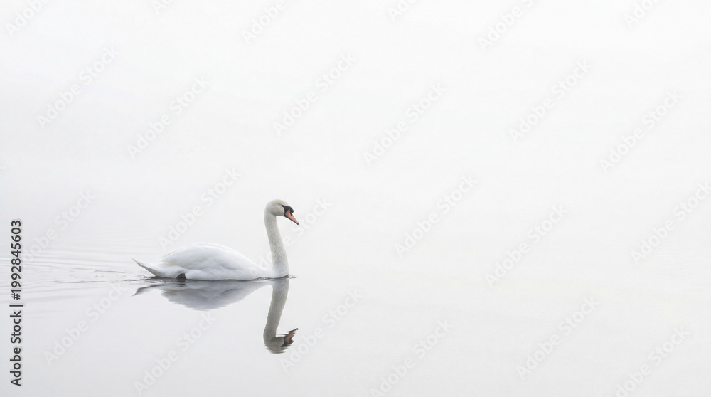 Obraz premium High Key Minimalist Serene Lake Scene with a White Swan in Winter Fog