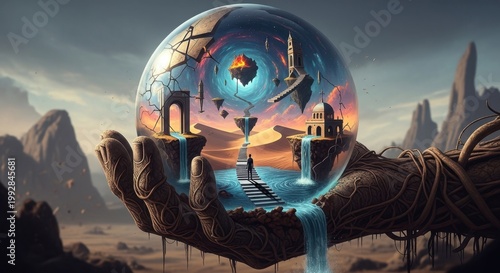 Sphere of Realms: A surreal, dreamlike world unfolds within a crystal sphere, held delicately in a giant hand. The image captures the essence of imagination, wonder.