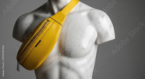 Fashionable Accessory on Antique Bust: A vibrant yellow fanny pack stylishly adorns the sculpted torso of a classical bust, blending modern fashion with timeless artistry.