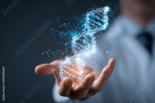 Scientist Holding Holographic DNA Helix in Hand