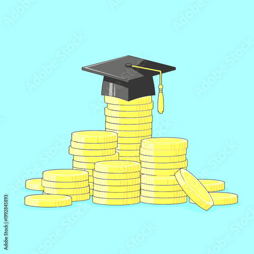 Education costs and financial investment concept. Graduation cap on a pile of gold coins, symbolizing student loans, tuition fees, and academic future.