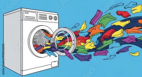 Washing Machine and Laundry: A modern washing machine is spewing out a colorful explosion of clean laundry, the fresh vibrant colors create a striking contrast against the pale background.