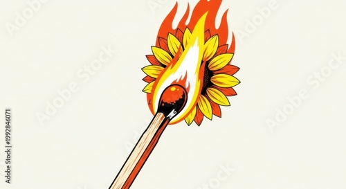 Fiery Sunflower: A vibrant illustration depicts a lit match that ignites a sunflower, blending the elements of fire and flora in a striking visual metaphor.