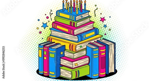 Literary Celebration: A whimsical tower of colorful books is artfully arranged to resemble a cake, complete with celebratory candles and festive confetti.