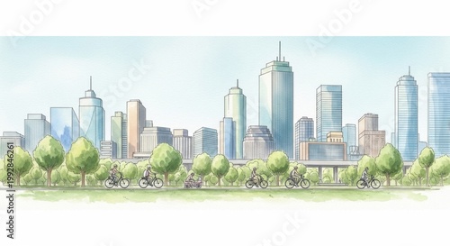 Urban Panorama: A picturesque cityscape showcases a harmonious blend of nature and architecture, with cyclists enjoying a leisurely ride.