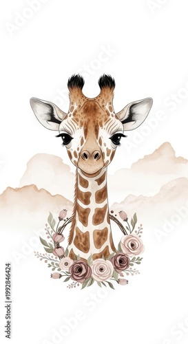 Serene Giraffe Portrait: A graceful giraffe, adorned with a floral wreath, gazes serenely. Its elegant neck and warm hues contrast with soft, muted tones