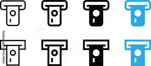 Set of atm cash withdrawal icons in various styles, including outline, solid, and colored versions