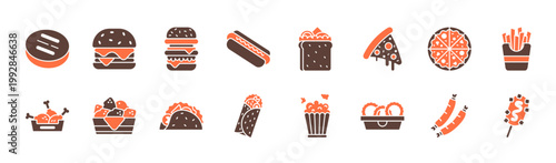 Complete fast food menu icon vector set burger cheeseburger fries pizza hotdog fried chicken snack meal selection illustration