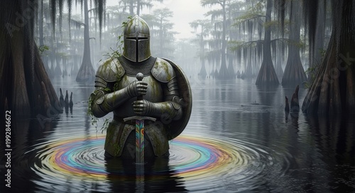 Guardian of the Swamps: A solitary figure, clad in shining armor, stands steadfast amidst the mystical embrace of a swamp, the reflections dancing on the water surface. 
