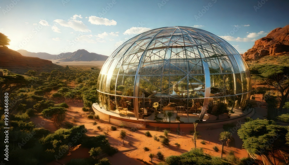 Fototapeta premium Futuristic Biosphere in Arid Landscape - A Vision of Sustainable Living.