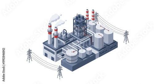 Isometric industrial power plant illustration with buildings, tanks, smokestacks, and power lines, symbolizing modern energy production and infrastructure