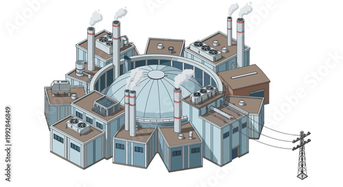 Isometric illustration of a factory complex, with many buildings, smoking chimneys, central dome, power lines, symbolizing manufacturing and energy